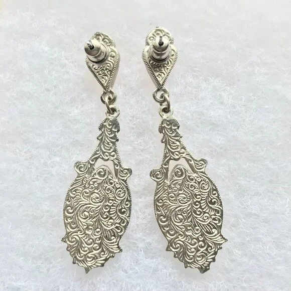 Vintage Silver-Toned Faux Pink Moonstone Dangle Earrings - Picture 3 of 3